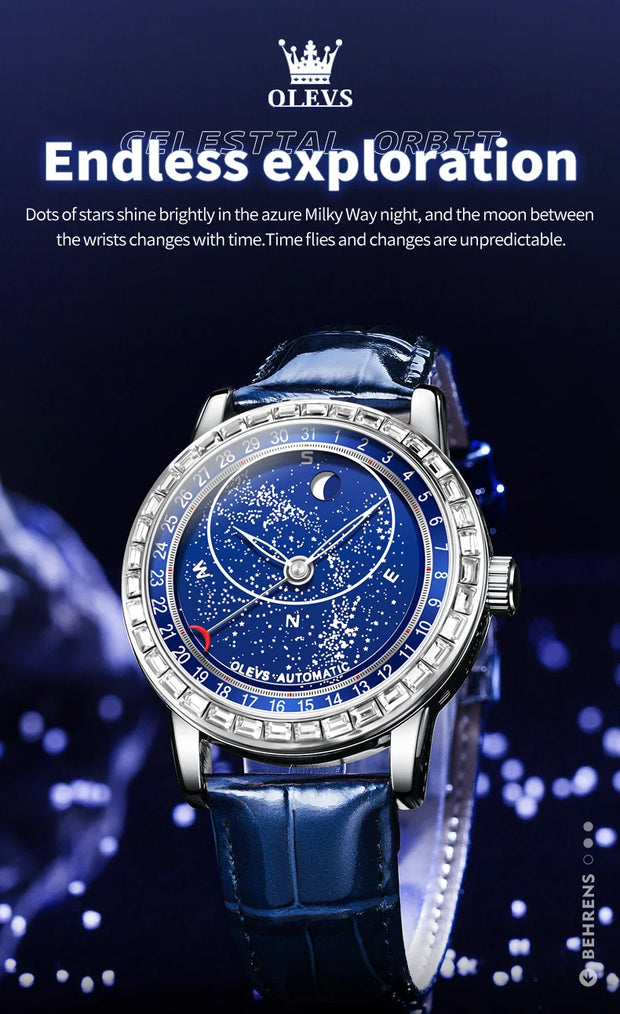 OLEVS Original Men's Automatic Mechanical Watch Fashion Business Leather Strap Luxury Diamond Starry Sky Moon Phase Men's Watch