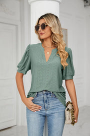 Womens Tops V Neck Ruffle Sleeve Blouses Short Sleeve Casual Tops T-Shirts for Women Autumn Winter