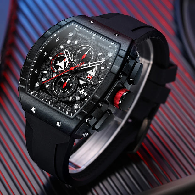 MINI FOCUS Chronograph Quartz Watch for Men Tonneau Dial Military Sport Wristwatch Male with Orange Silicone Strap Auto Date
