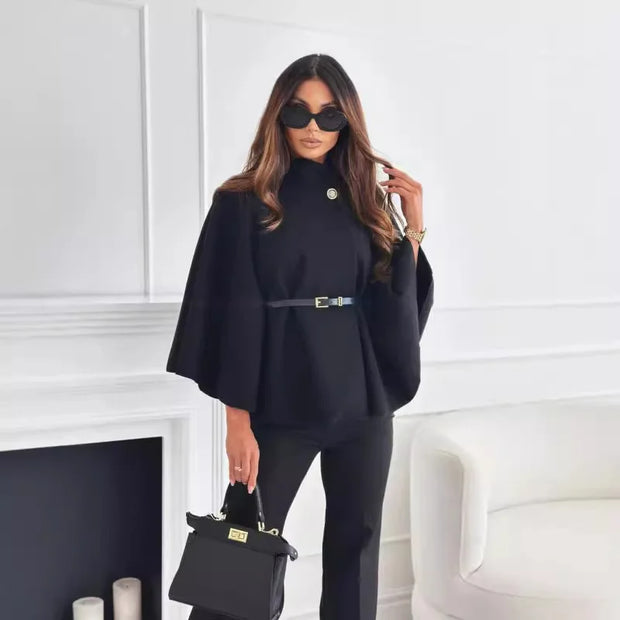 Elegant Solid Cape Fashion Office Lady Button Half Turtleneck Bat Sleeve Belt Coat Autumn Commuting Woolen Women Clothing