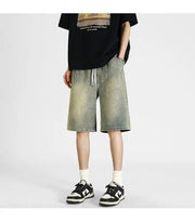 Men's denim shorts, men's 2025 summer thin style retro loose American fashion brand casual five inch mid length pants