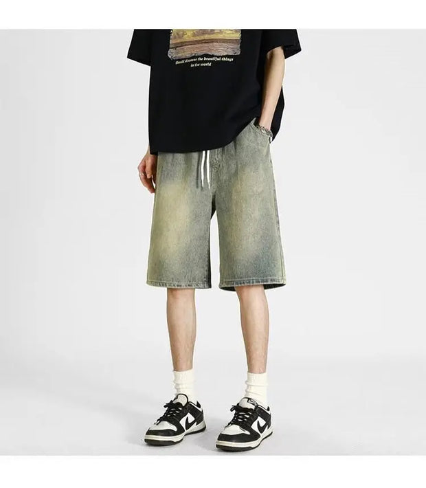 Men's denim shorts, men's 2025 summer thin style retro loose American fashion brand casual five inch mid length pants