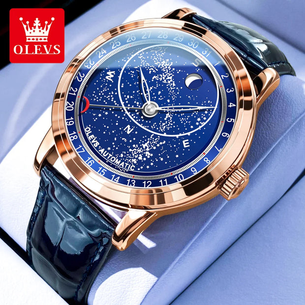 OLEVS Original Men's Automatic Mechanical Watch Fashion Business Leather Strap Luxury Diamond Starry Sky Moon Phase Men's Watch