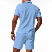 Men's Summer Sports Solid-Color Set, Quarter-Zipper Set, 2-Piece Beach Vacation Set, Men's Fashionable Casual Workwear Set.