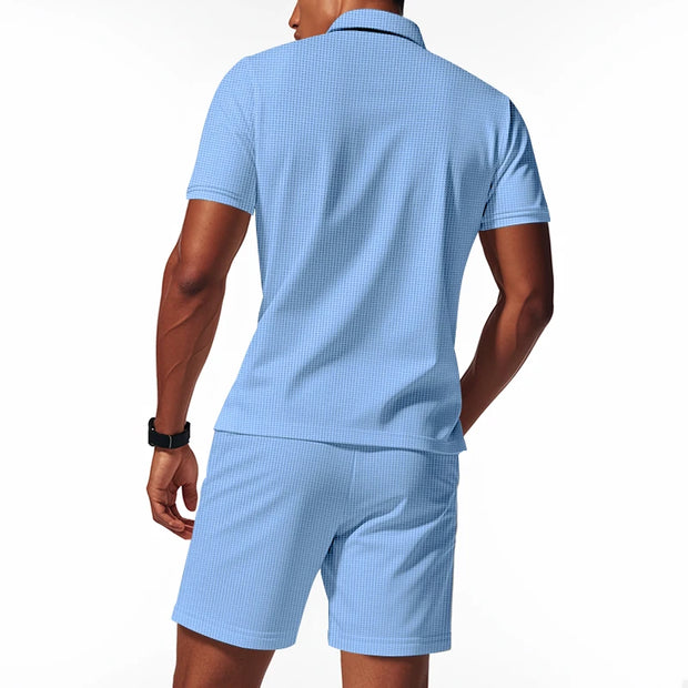 Men's Summer Sports Solid-Color Set, Quarter-Zipper Set, 2-Piece Beach Vacation Set, Men's Fashionable Casual Workwear Set.