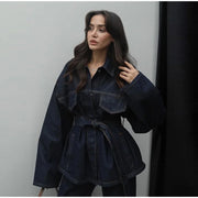 Vintage Belt Denim Jacket Pants Set Women Lapel Single Breasted Jackets Pockets Straight Jeans 2025 Spring Lady Street Outfits