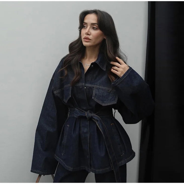 Vintage Belt Denim Jacket Pants Set Women Lapel Single Breasted Jackets Pockets Straight Jeans 2025 Spring Lady Street Outfits