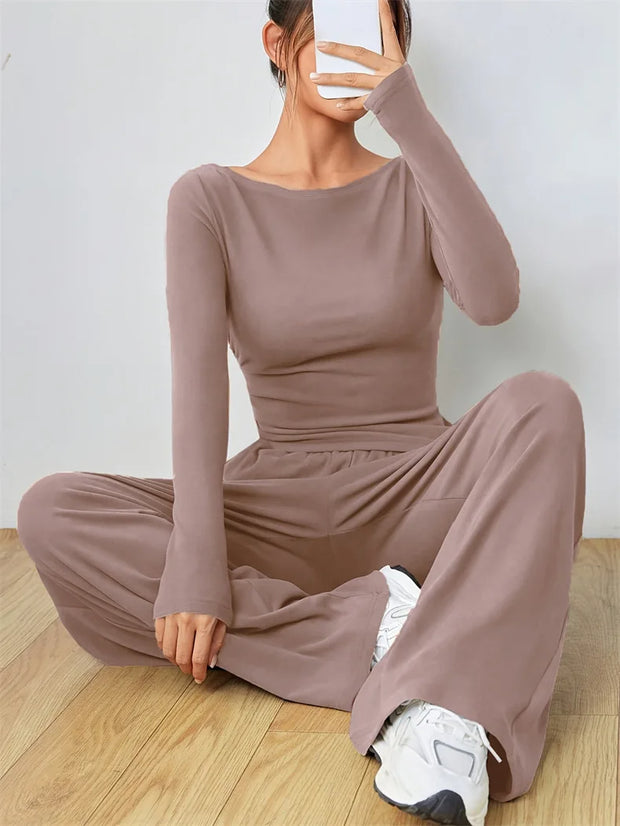 Women's Two-piece Wide Leg Pants Fashion Set Irregular Short Top Women's Clothing Yoga Exercise Set Спортивный Костюм Женский