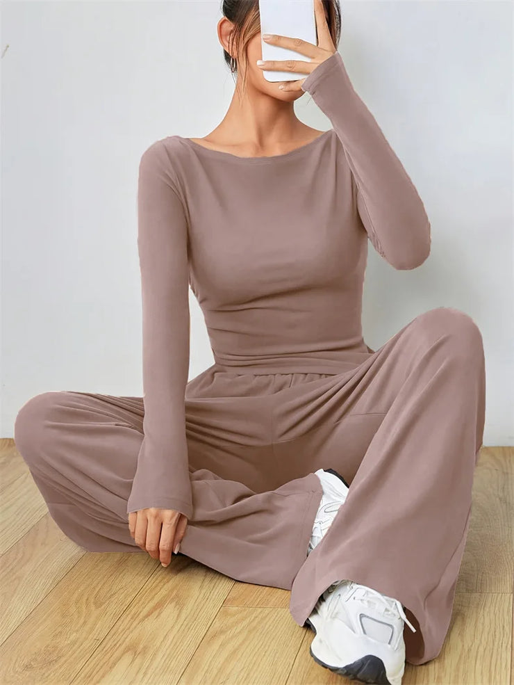Women's Two-piece Wide Leg Pants Fashion Set Irregular Short Top Women's Clothing Yoga Exercise Set Спортивный Костюм Женский