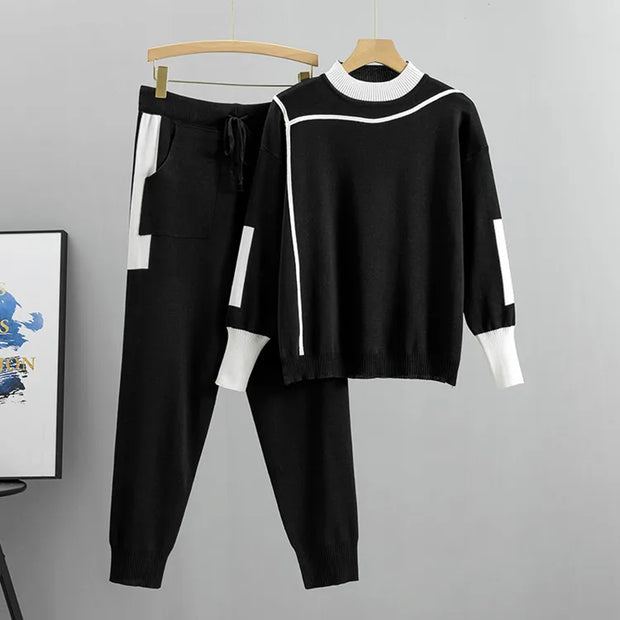 Winter Women Knitted 2 Pieces Set Muslim Casual Thicken Pullover Sweater +Knitted Pant 2PCS Suits Outfit Sport Warm Set 2024