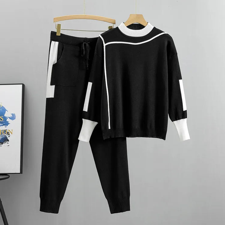 Winter Women Knitted 2 Pieces Set Muslim Casual Thicken Pullover Sweater +Knitted Pant 2PCS Suits Outfit Sport Warm Set 2024
