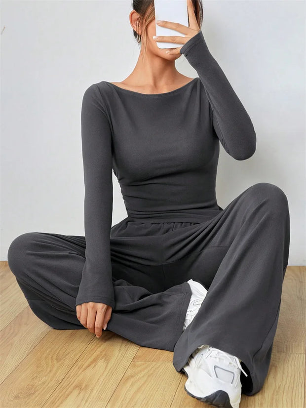 Women's Two-piece Wide Leg Pants Fashion Set Irregular Short Top Women's Clothing Yoga Exercise Set Спортивный Костюм Женский