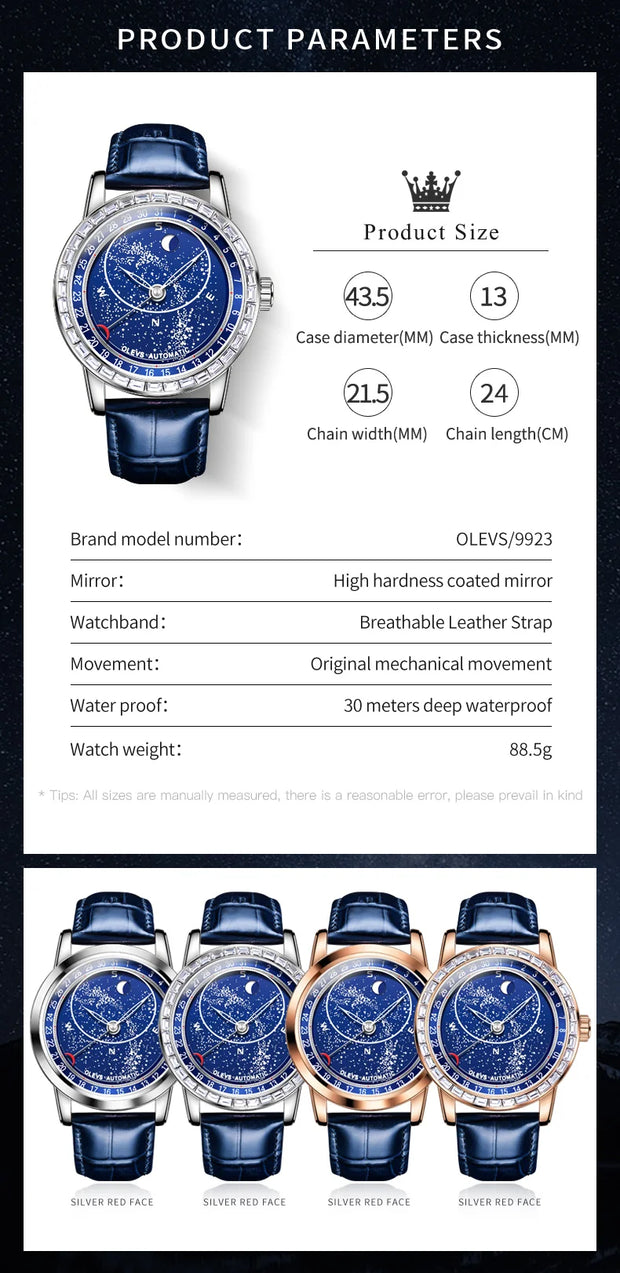 OLEVS Original Men's Automatic Mechanical Watch Fashion Business Leather Strap Luxury Diamond Starry Sky Moon Phase Men's Watch