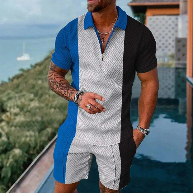 Men's Summer suit  Polo Tracksuit Set  Men Short Sleeve Zipper Polo t-Shirt and Shorts Set  2 Piece Suit  for boy with shorts