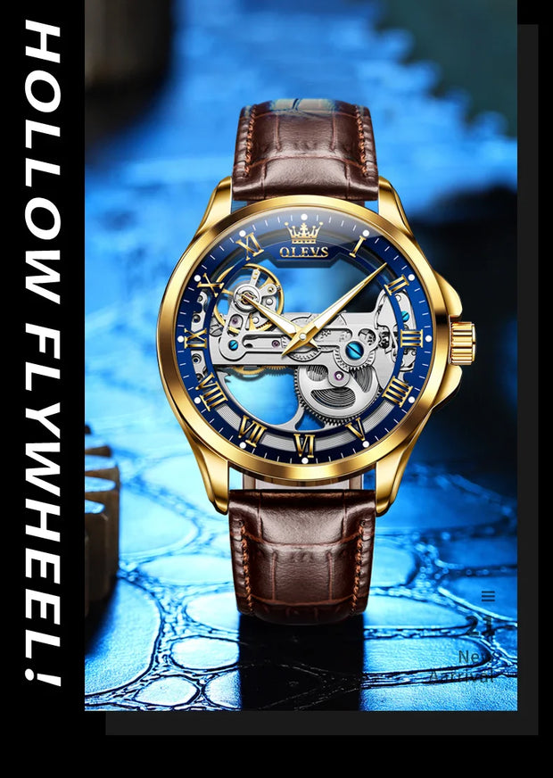OLEVS 6661 Fully Hollow Automatic Man Watch Fashion Leather Strap Waterproof Luminous Hand Clock Men's Mechanical Wristwatches