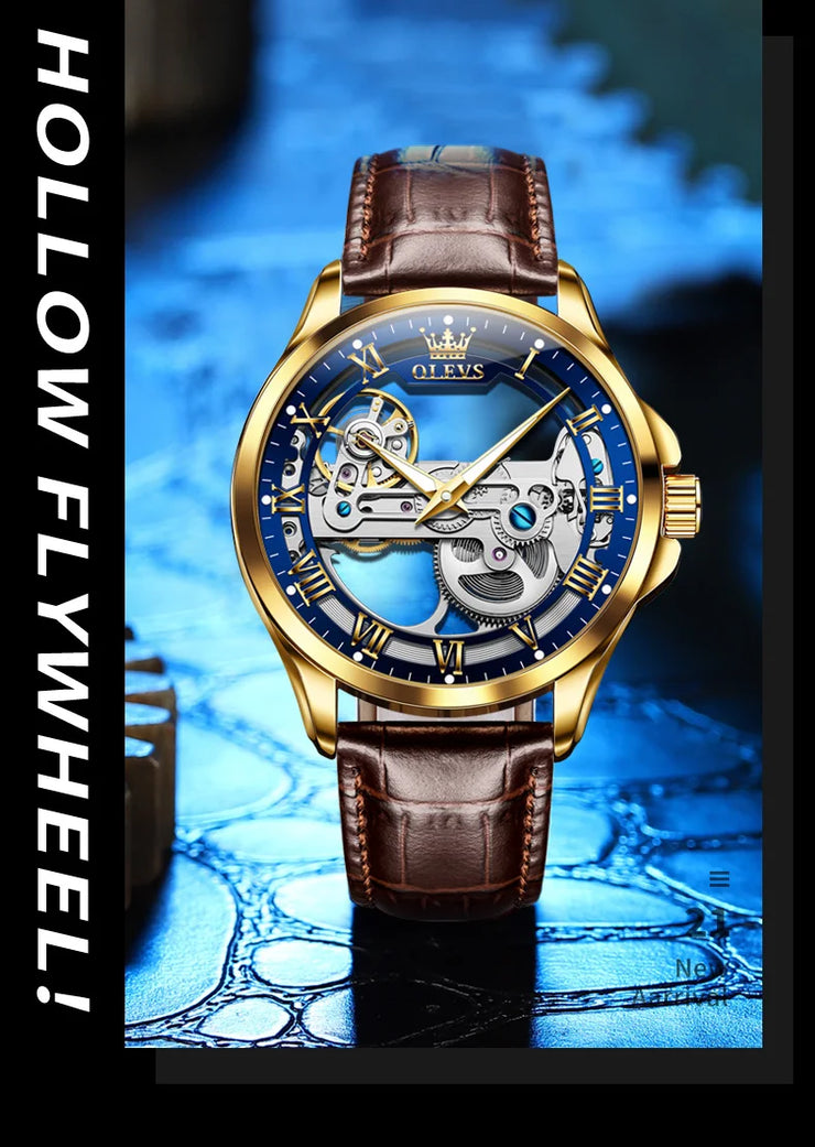 OLEVS 6661 Fully Hollow Automatic Man Watch Fashion Leather Strap Waterproof Luminous Hand Clock Men's Mechanical Wristwatches