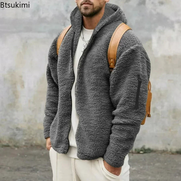 2025 Men's Casual Double-sided Plush Warm Jacket Autumn Winter Thick Wool Coats Solid Hooded Fleece Hoodies Loose Men Clothing