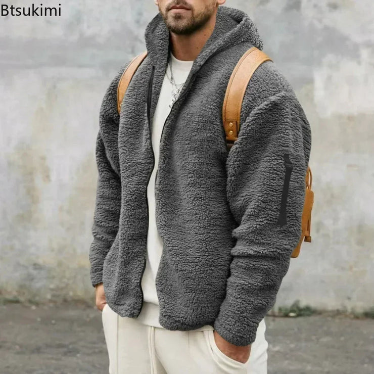 2025 Men's Casual Double-sided Plush Warm Jacket Autumn Winter Thick Wool Coats Solid Hooded Fleece Hoodies Loose Men Clothing