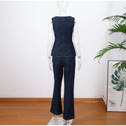 Vintage Women's Denim Sleeveless Set Crop Top With Chic Buttons Matching High Waist Slim Fit Jeans Casual Streetwear Outfits