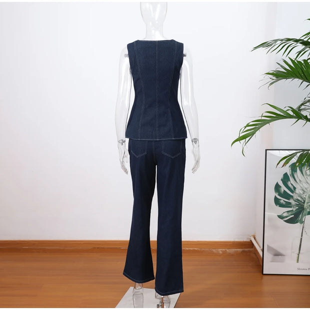 Vintage Women's Denim Sleeveless Set Crop Top With Chic Buttons Matching High Waist Slim Fit Jeans Casual Streetwear Outfits