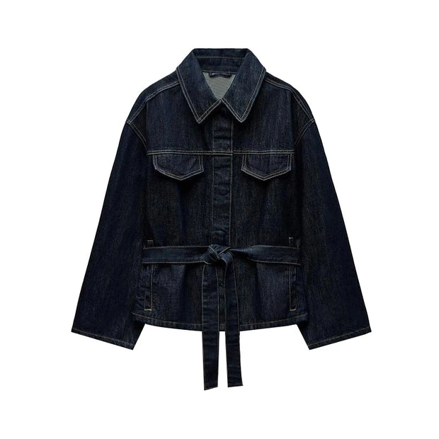 Vintage Belt Denim Jacket Pants Set Women Lapel Single Breasted Jackets Pockets Straight Jeans 2025 Spring Lady Street Outfits