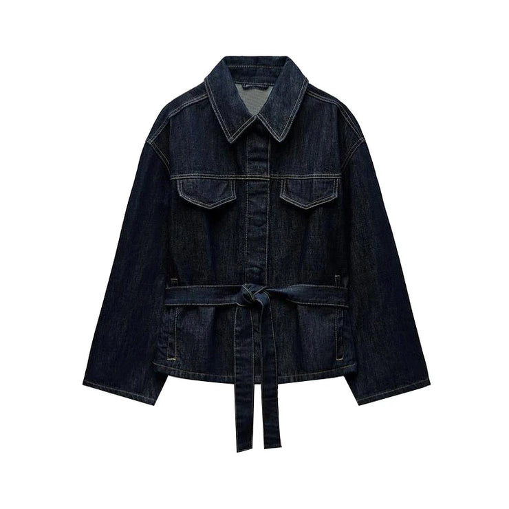 Vintage Belt Denim Jacket Pants Set Women Lapel Single Breasted Jackets Pockets Straight Jeans 2025 Spring Lady Street Outfits