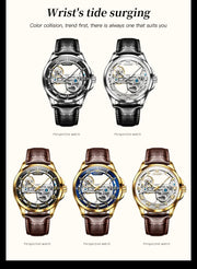 OLEVS 6661 Fully Hollow Automatic Man Watch Fashion Leather Strap Waterproof Luminous Hand Clock Men's Mechanical Wristwatches