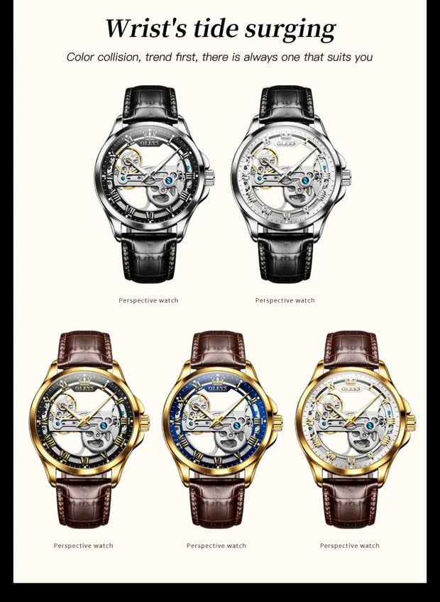 OLEVS 6661 Fully Hollow Automatic Man Watch Fashion Leather Strap Waterproof Luminous Hand Clock Men's Mechanical Wristwatches