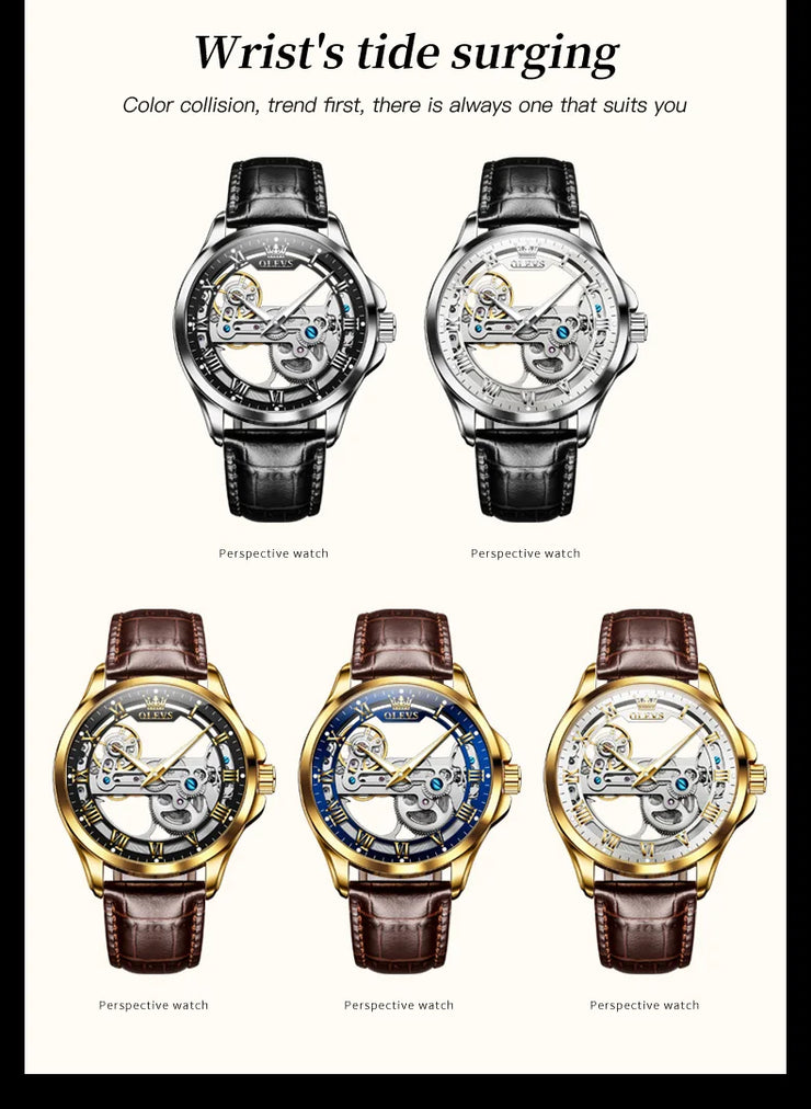 OLEVS 6661 Fully Hollow Automatic Man Watch Fashion Leather Strap Waterproof Luminous Hand Clock Men's Mechanical Wristwatches