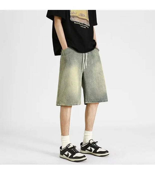 Men's denim shorts, men's 2025 summer thin style retro loose American fashion brand casual five inch mid length pants