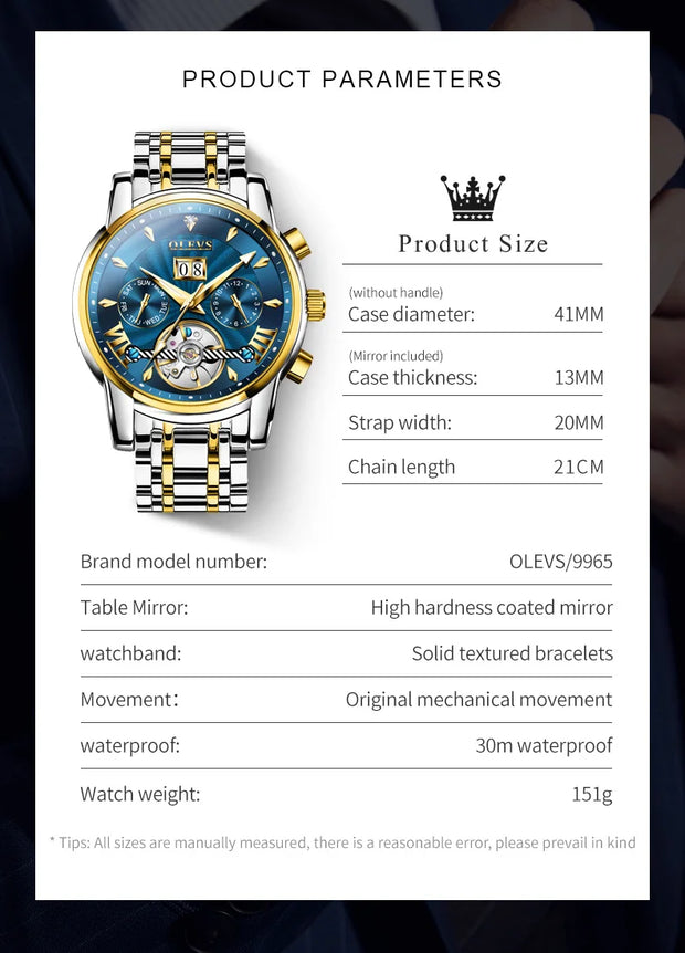 OLEVS 9965 Mens Watch Classic Hollow Out Automatic Mechanical Watch Original Movement Waterproof Luminous Calendar Year Moon