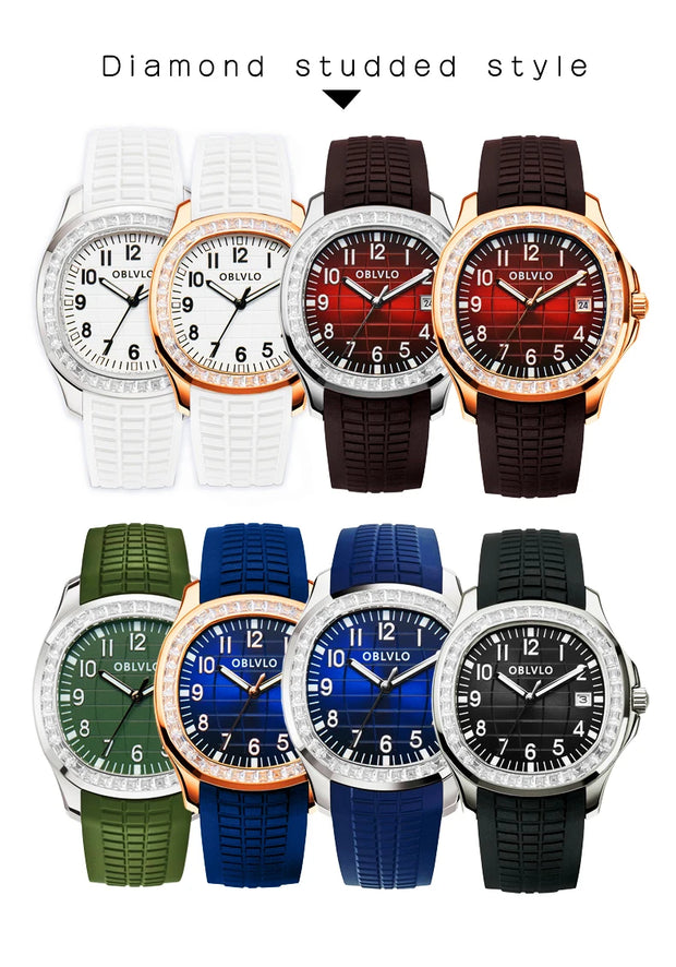 OBLVLO Trend Luxury Rose Gold Diamond Date Mechanical Automatic Watches For Men Blue Silicone Strap Waterproof Sport Watch FM-SL