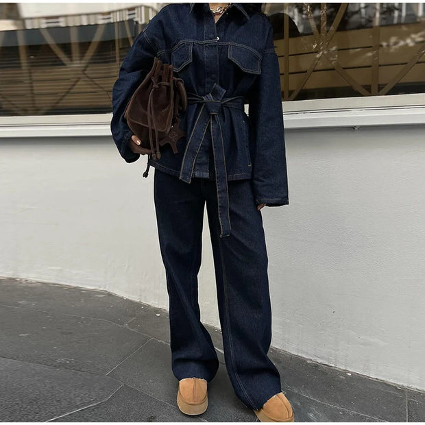 Vintage Belt Denim Jacket Pants Set Women Lapel Single Breasted Jackets Pockets Straight Jeans 2025 Spring Lady Street Outfits