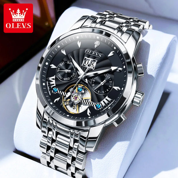 OLEVS 9965 Mens Watch Classic Hollow Out Automatic Mechanical Watch Original Movement Waterproof Luminous Calendar Year Moon