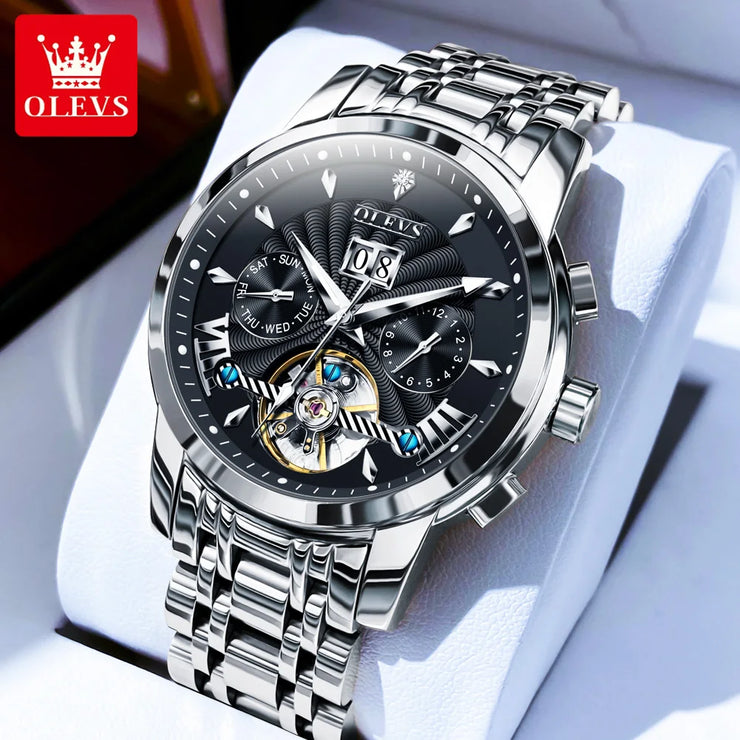 OLEVS 9965 Mens Watch Classic Hollow Out Automatic Mechanical Watch Original Movement Waterproof Luminous Calendar Year Moon