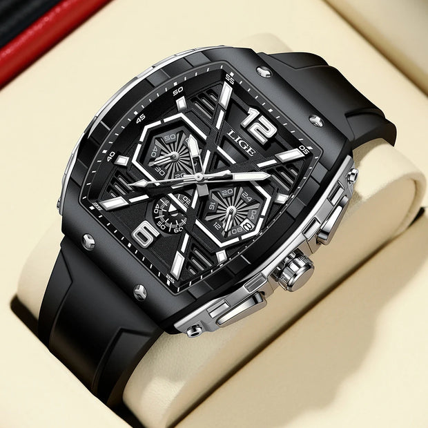 LIGE Mens Watches Top Brand Luxury Square Silicone Watch For Men Fashion Military Quartz Waterproof Chronograph Montre Homme