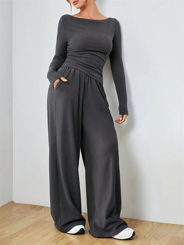 Women's Two-piece Wide Leg Pants Fashion Set Irregular Short Top Women's Clothing Yoga Exercise Set Спортивный Костюм Женский