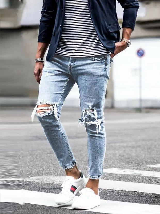 Denim Distressed Mens Pants Autumn Slim Fit and Slimming New Elastic Pants Mens Small Leg Pants