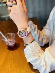 1 Upgraded Version of the Bright Eye-Catching Fashionable Luxury Women's Watch Inlaid with Colorful Rhinestone Quartz Watch, Equipped with Charming Rotating Colorful Snowflake Dial, Stainless Steel Case, Durable Leather Strap