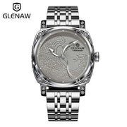 GLENAW Surfing Dial Mechanical Watch Men Retro Engraving Sailing Pointer Automatic Wrist Hand Stainless Steel WaterproofLuminous