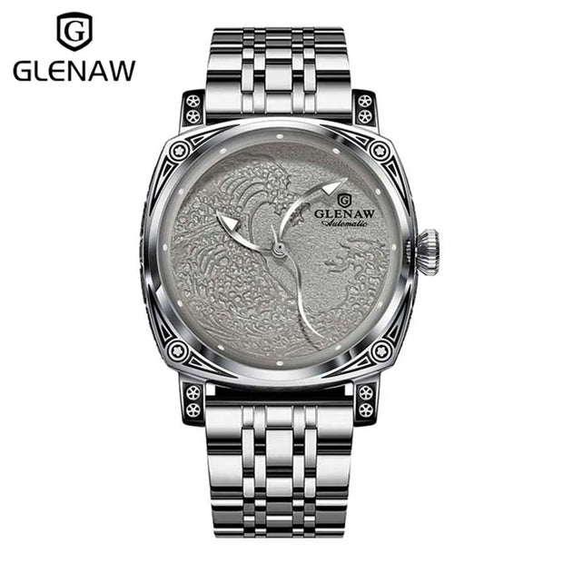 GLENAW Surfing Dial Mechanical Watch Men Retro Engraving Sailing Pointer Automatic Wrist Hand Stainless Steel WaterproofLuminous