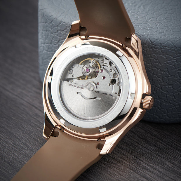OBLVLO Trend Luxury Rose Gold Diamond Date Mechanical Automatic Watches For Men Blue Silicone Strap Waterproof Sport Watch FM-SL