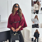 Elegant Solid Cape Fashion Office Lady Button Half Turtleneck Bat Sleeve Belt Coat Autumn Commuting Woolen Women Clothing