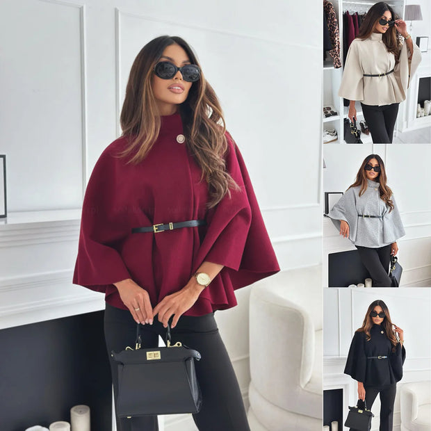 Elegant Solid Cape Fashion Office Lady Button Half Turtleneck Bat Sleeve Belt Coat Autumn Commuting Woolen Women Clothing