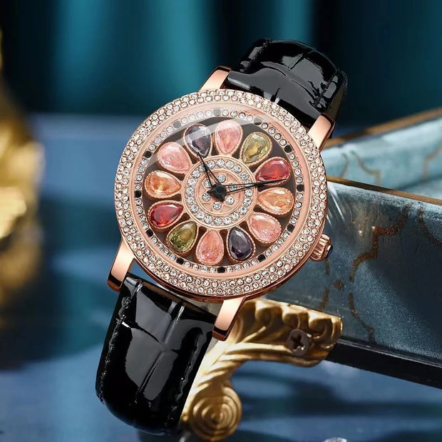 Korean Ladies Watch Colorful Rhinestones Dashi Dial Quartz Watch Casual Leather Ladies Clock Gift Relogio Feminino