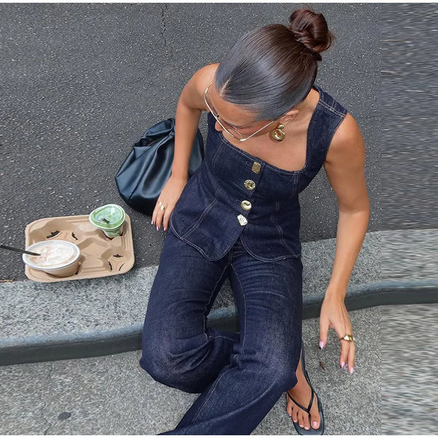 Vintage Women's Denim Sleeveless Set Crop Top With Chic Buttons Matching High Waist Slim Fit Jeans Casual Streetwear Outfits