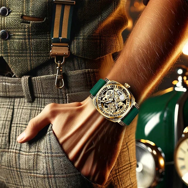 A High-end MEN'S Gold Carved Hollow Fashionable Retro Luminous Business and Leisure Fully Automatic Mechanical Watch
