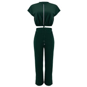 Women Casual Round Neck Drawstring Short Sleeve Top & High Waist Pants Set Summer Solid Two Piece Suit Sets Outfits Set Female