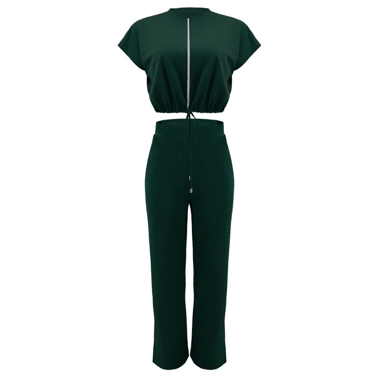 Women Casual Round Neck Drawstring Short Sleeve Top & High Waist Pants Set Summer Solid Two Piece Suit Sets Outfits Set Female