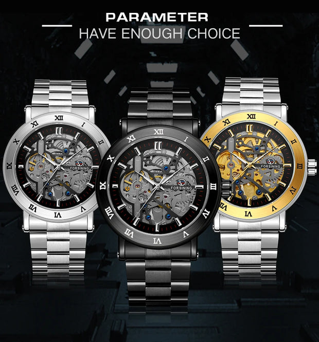 Forsining Official Automatic Mechanical Skeleton Watch Men Stainless Steel Skeleton Luminous Hands Military Business Waterproof